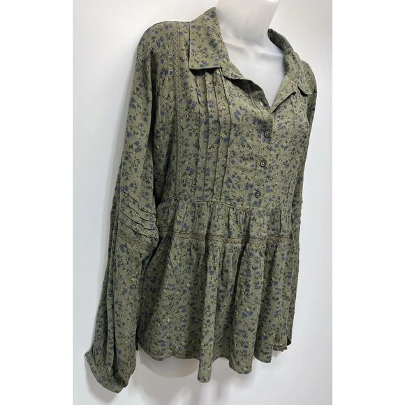 NWT Lucky Brand Blouse - Floral Print Boho Flowy Lace Trim Green Blouse -Size M - Picture 5 of 10